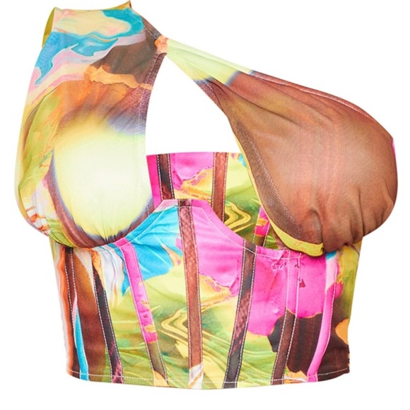 PrettyLittleThing Tops - PrettyLittleThing Mesh One Shoulder Corset Barbie Crop Top size 8 NWT